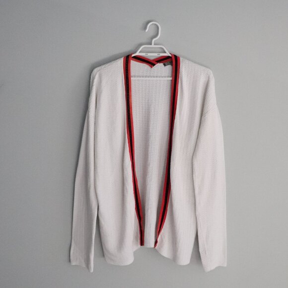 89th & Madison Open Front Oversized White Small Knit Red Collar Sweater Cardigan - Picture 1 of 11